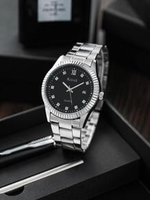 Rclock 1 pieza Hombres con diseño de diamante de imitación Reloj cuarzo con fecha & 1 pieza Pulsera - Plateado - Ver 2