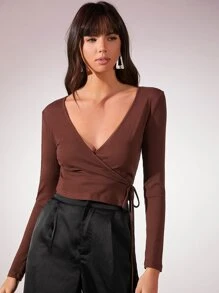 SHEIN BAE Knot Detail Wrap T-Shirt - Coffee Brown - View 3