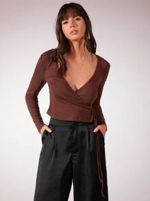 SHEIN BAE Knot Detail Wrap T-Shirt - Coffee Brown - View 2