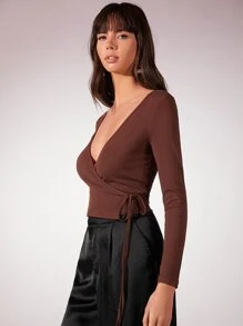 SHEIN BAE Knot Detail Wrap T-Shirt - Coffee Brown - View 5