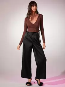 SHEIN BAE Knot Detail Wrap T-Shirt - Coffee Brown - View 1