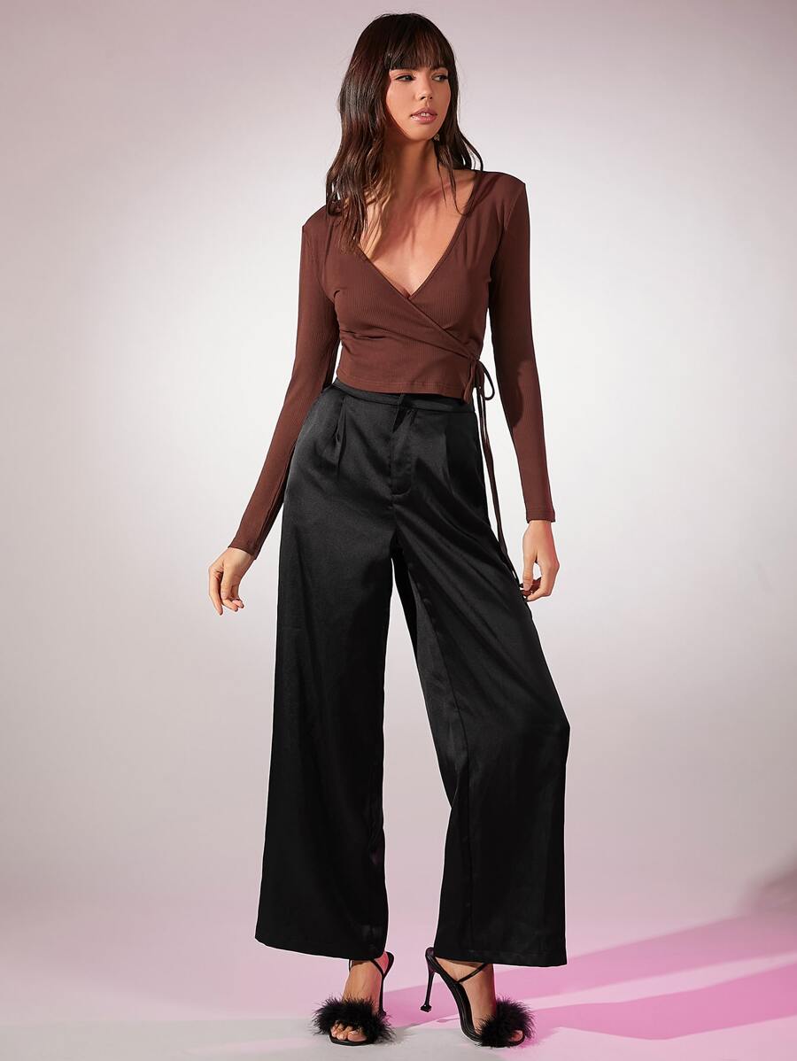 SHEIN BAE Knot Detail Wrap T-Shirt - Coffee Brown - View 1