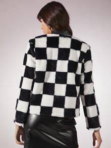 SHEIN 開門襟格紋圖案毛茸茸外套 - 黑與白 - 查看 3