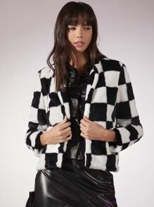 SHEIN 開門襟格紋圖案毛茸茸外套 - 黑與白 - 查看 1