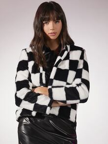 SHEIN 開門襟格紋圖案毛茸茸外套 - 黑與白 - 查看 6