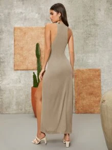 Travachic Tie Front Split Thigh Dress - Khaki - View 2