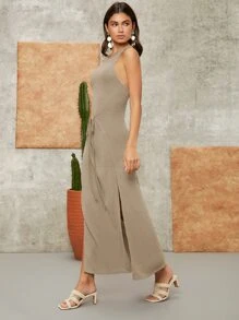 Travachic Tie Front Split Thigh Dress - Khaki - View 5