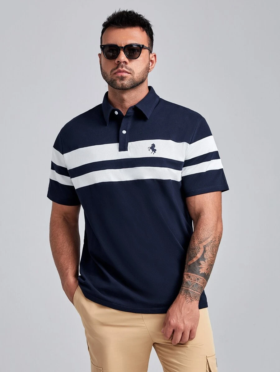 Manfinity VCAY Men Plus Cotton Horse & Striped Pattern Polo Shirt - Navy Blue - View 1