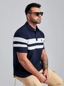 Manfinity VCAY Men Plus Cotton Horse & Striped Pattern Polo Shirt - Navy Blue - View 3