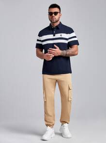 Manfinity VCAY Men Plus Cotton Horse & Striped Pattern Polo Shirt - Navy Blue - View 4