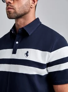 Manfinity VCAY Men Plus Cotton Horse & Striped Pattern Polo Shirt - Navy Blue - View 5