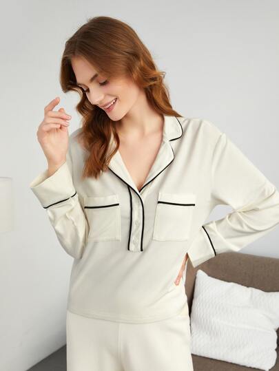 SHEIN 粘膠纖維撞色滾邊家居服上裝