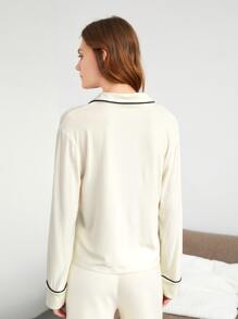 SHEIN Áo ngủ Nữ Tương phản ràng buộc màu trơn Giải trí - Màu be - Xem 2