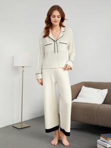 SHEIN Áo ngủ Nữ Tương phản ràng buộc màu trơn Giải trí - Màu be - Xem 3