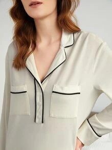 SHEIN Áo ngủ Nữ Tương phản ràng buộc màu trơn Giải trí - Màu be - Xem 7