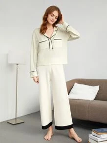 SHEIN Áo ngủ Nữ Tương phản ràng buộc màu trơn Giải trí - Màu be - Xem 8