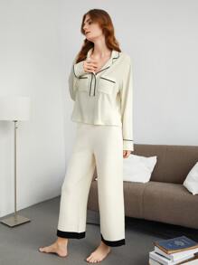 SHEIN Áo ngủ Nữ Tương phản ràng buộc màu trơn Giải trí - Màu be - Xem 9