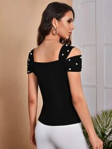 SHEIN Top de hombros descubiertos con cuenta de perla - Negro - Ver 2