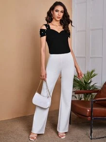 SHEIN Top de hombros descubiertos con cuenta de perla - Negro - Ver 5