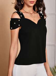 SHEIN Top de hombros descubiertos con cuenta de perla - Negro - Ver 4