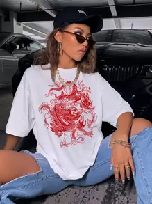SHEIN Unity Chinese Dragon Graphic Drop Shoulder Oversized Tee - White - View 1