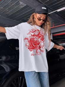 SHEIN Unity Chinese Dragon Graphic Drop Shoulder Oversized Tee - White - View 3