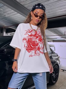 SHEIN Unity Chinese Dragon Graphic Drop Shoulder Oversized Tee - White - View 4