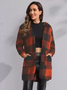 Abrigo con patrón de cuadros con doble bolsillo con capucha de franela - Multicolor - Ver 1