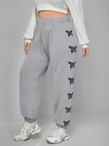 Flirla Plus Butterfly Print Joggers - Light Grey - View 1