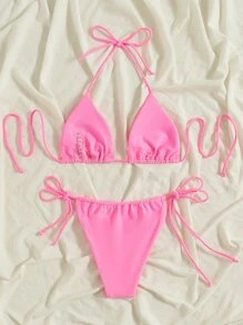 SHEIN Swim Bikini Con Lazo Lateral Y Triángulo Halter De Playa De Verano