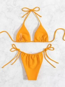 SHEIN Swim Chất rắn Bộ Bikini Tam giác Bras & Quần lót Thong Đáy 2 mảnh Bộ đồ tắm - Màu Mù tạt vàng - Xem 2
