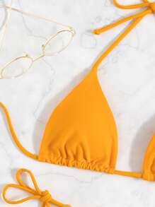 SHEIN Swim Chất rắn Bộ Bikini Tam giác Bras & Quần lót Thong Đáy 2 mảnh Bộ đồ tắm - Màu Mù tạt vàng - Xem 4