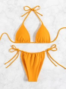 SHEIN Swim Chất rắn Bộ Bikini Tam giác Bras & Quần lót Thong Đáy 2 mảnh Bộ đồ tắm - Màu Mù tạt vàng - Xem 5