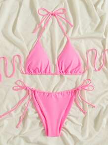 SHEIN Swim Bikini Con Lazo Lateral Y Triángulo Halter De Playa De Verano