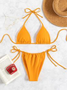 SHEIN Swim Chất rắn Bộ Bikini Tam giác Bras & Quần lót Thong Đáy 2 mảnh Bộ đồ tắm - Màu Mù tạt vàng - Xem 6