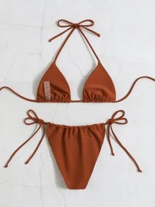 Bikini Con Lazo Lateral Y Triángulo Halter - Óxido marrón - Ver 2