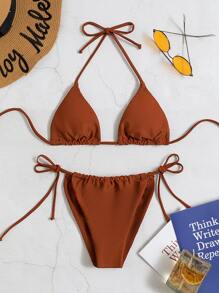 Bikini Con Lazo Lateral Y Triángulo Halter - Óxido marrón - Ver 5