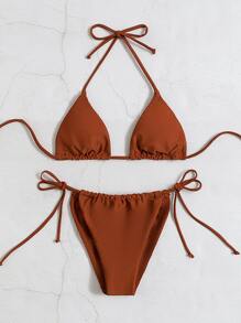 Bikini Con Lazo Lateral Y Triángulo Halter - Óxido marrón - Ver 6