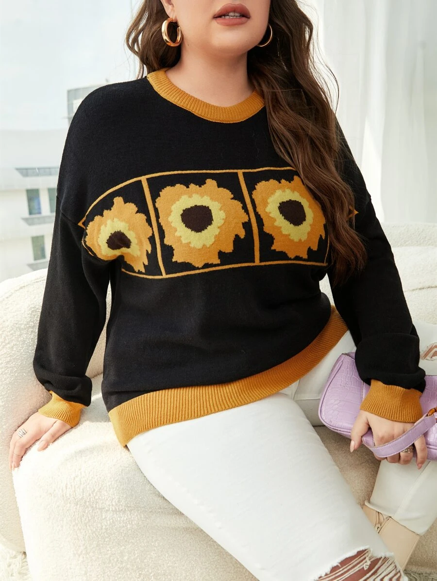 SHEIN Unity 大碼花卉圖案落肩袖套頭毛衣 - 黑色 - 查看 1