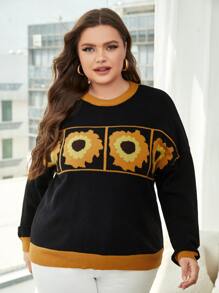 SHEIN Unity 大碼花卉圖案落肩袖套頭毛衣 - 黑色 - 查看 4