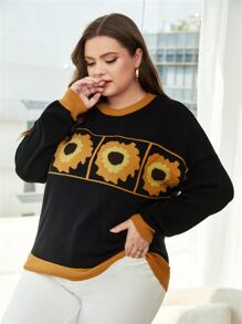 SHEIN Unity 大碼花卉圖案落肩袖套頭毛衣 - 黑色 - 查看 5