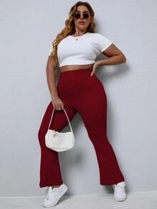 CovetEZ Quần ống loe trơn màu thường ngày cỡ lớn cho nữ - Màu Đỏ Sâu - Xem 3