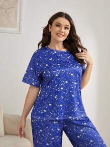 大碼星星印花睡衣套裝 - 寶藍色 - 查看 3