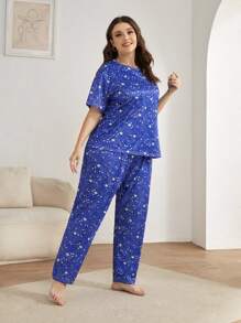 大碼星星印花睡衣套裝 - 寶藍色 - 查看 4