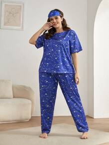大碼星星印花睡衣套裝 - 寶藍色 - 查看 5