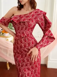 SHEIN Privé Floral Lace Ruffle Trim Wrap Hem Dress - Multicolor - View 5