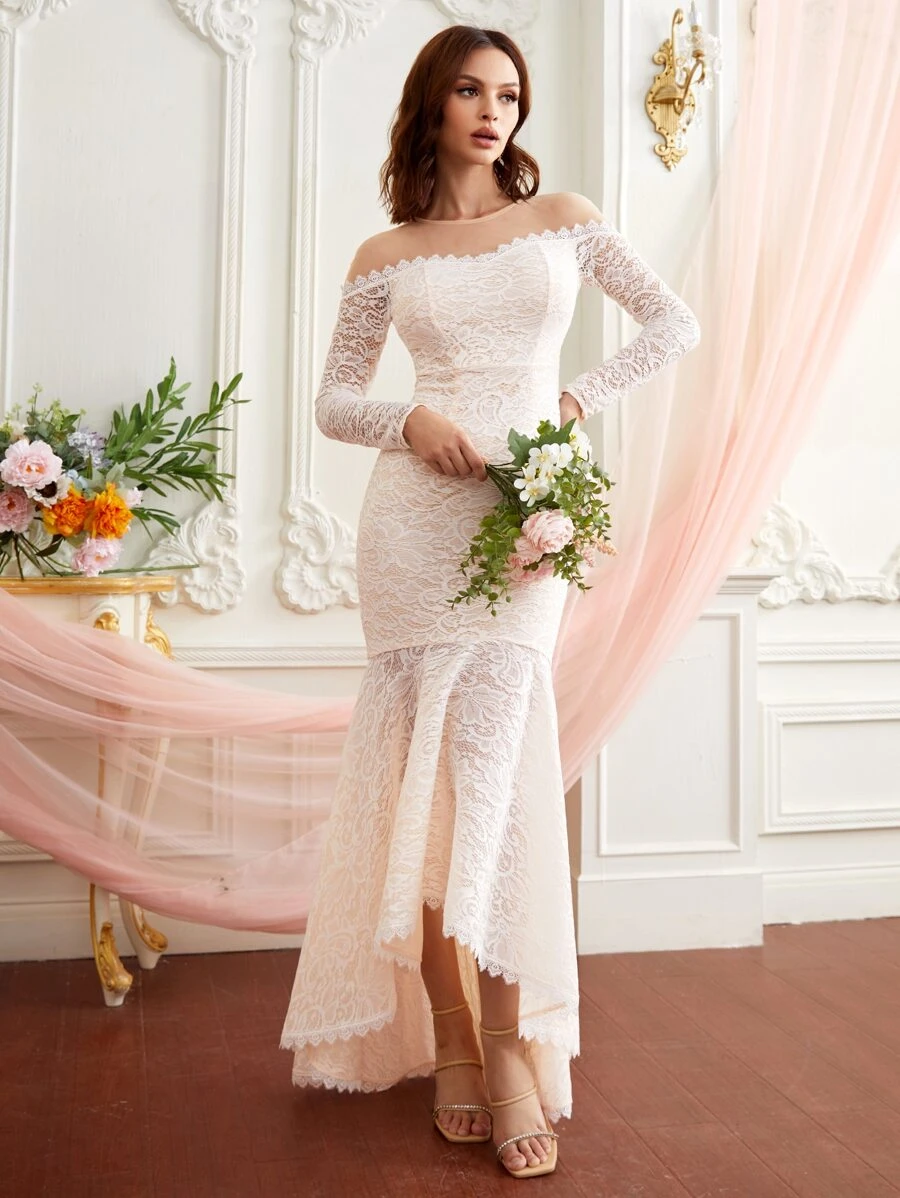 SHEIN Belle 一字領魚尾裙下擺婚紗洋裝 - 米色 - 查看 1