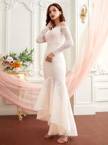 SHEIN Belle 一字領魚尾裙下擺婚紗洋裝 - 米色 - 查看 4