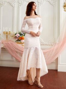 SHEIN Belle 一字領魚尾裙下擺婚紗洋裝 - 米色 - 查看 5