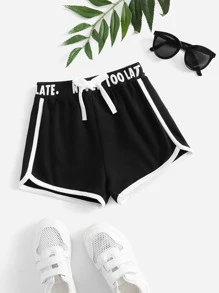 SHEIN 小女童標語圖案腰運動短褲 - 黑色 - 查看 1